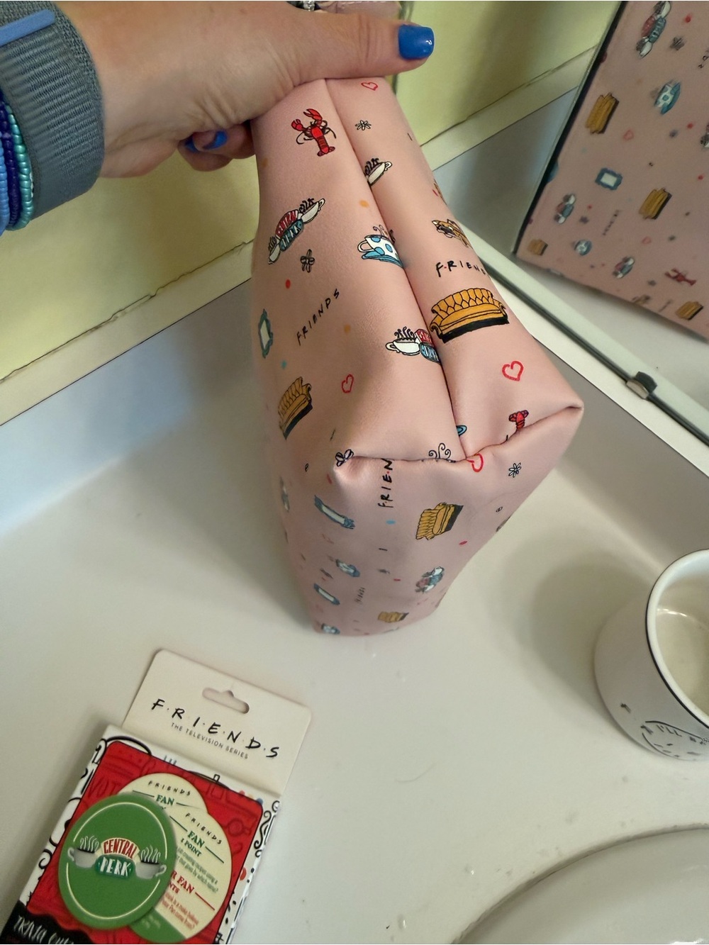 FRIENDS Pink Patterned Icon Cosmetic Pouch with Pottery Barn Mug & fun Coasters - Picture 4 of 9